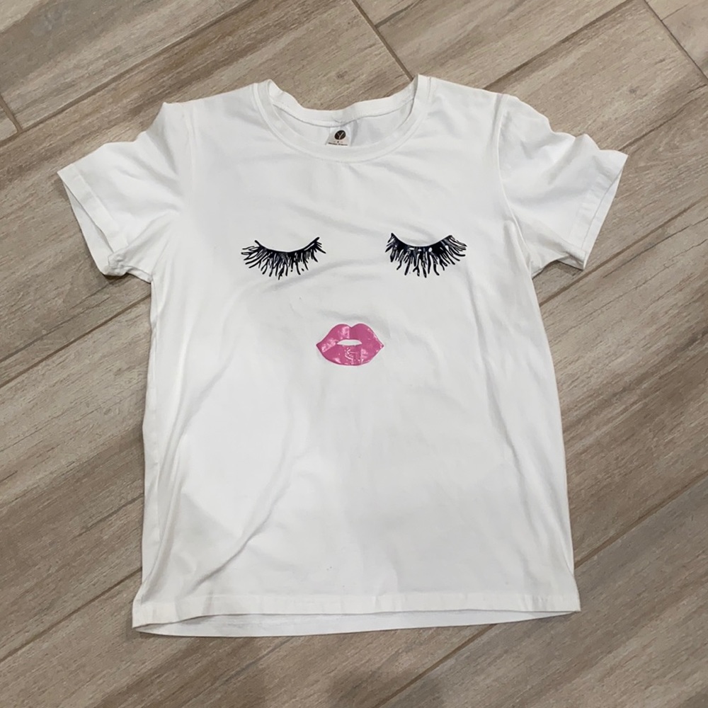 White Short Sleeve Tee with Lash & Pink Lip Graphic